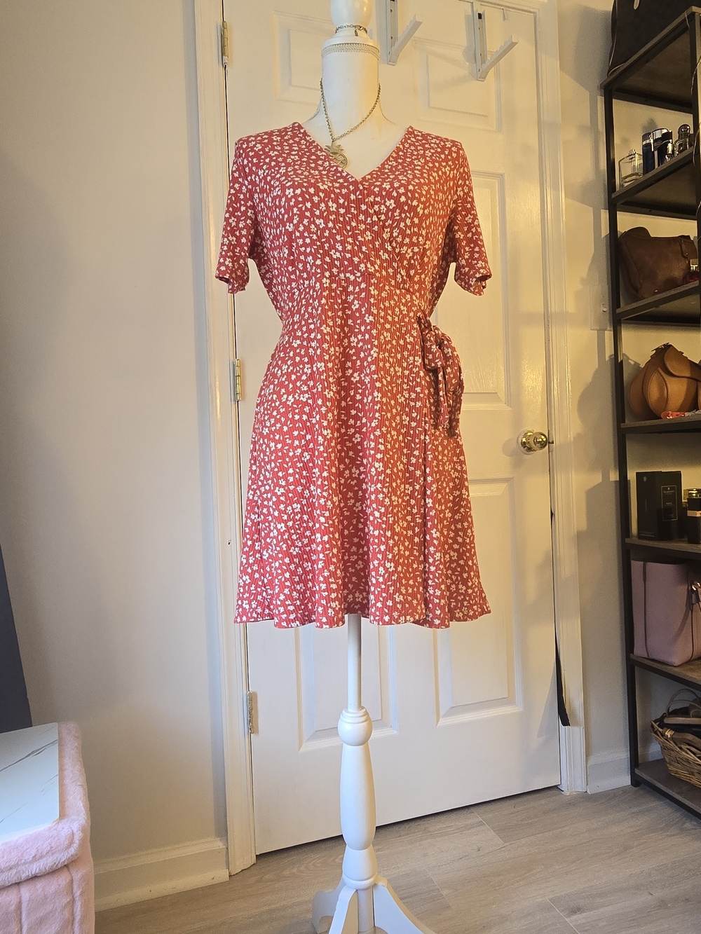 Floral Wrap Short-Sleeve Dress in Coral Pink Prarie Feminine Sundress Medium